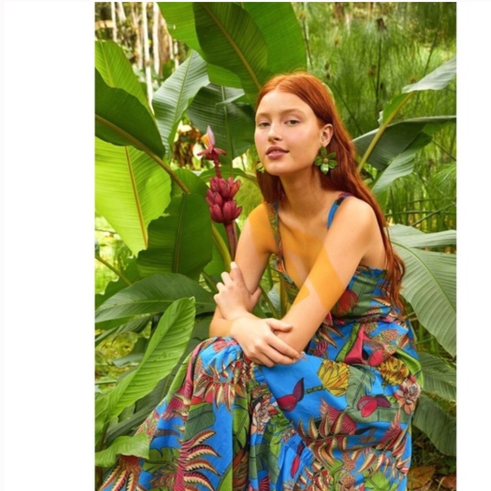 Blue and Green Maxi Dress with Tropical Print